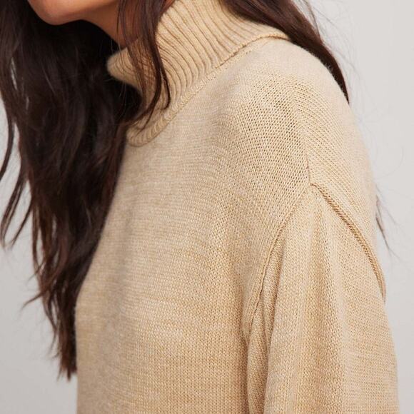 NA-KD Tan Knitted Oversized Long Sleeve Side Slit Turtleneck Midi Sweater Dress - Picture 2 of 12